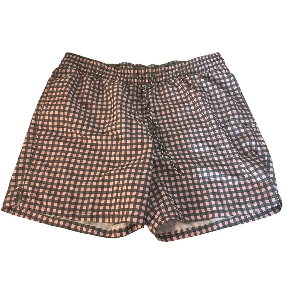 Goodfellow Men's Pink Navy Blue Check Plaid Gingham Swim Trunks Size Large